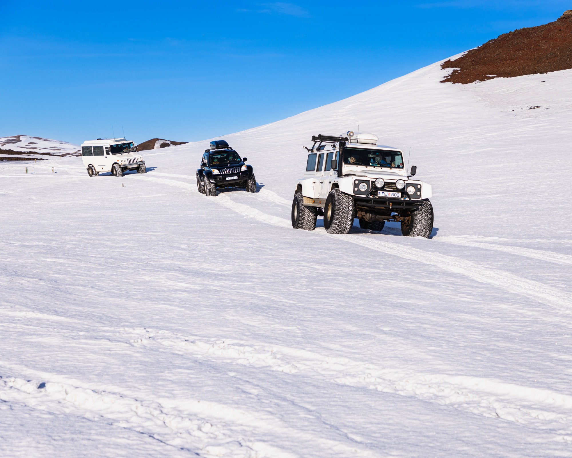 Super Jeeps on snow in North Iceland